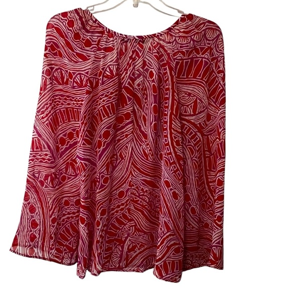 Trina Turk Silk Blend Printed Peasant Blouse keyhole neck relaxed semi sheer M - Picture 8 of 15
